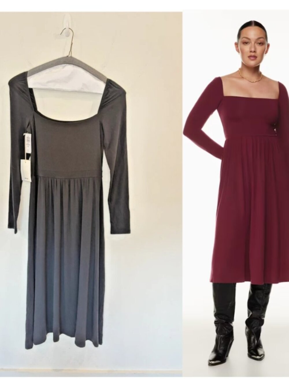 NWT Aritzia Wilfred Market Longsleeve Midi Dress Sz M Square Neck Jersey Black